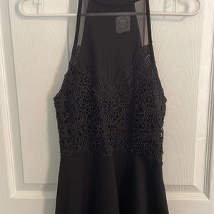 Francesca’s Black Flare Cocktail Dress with Sheer Cutout and Crochet Detailing